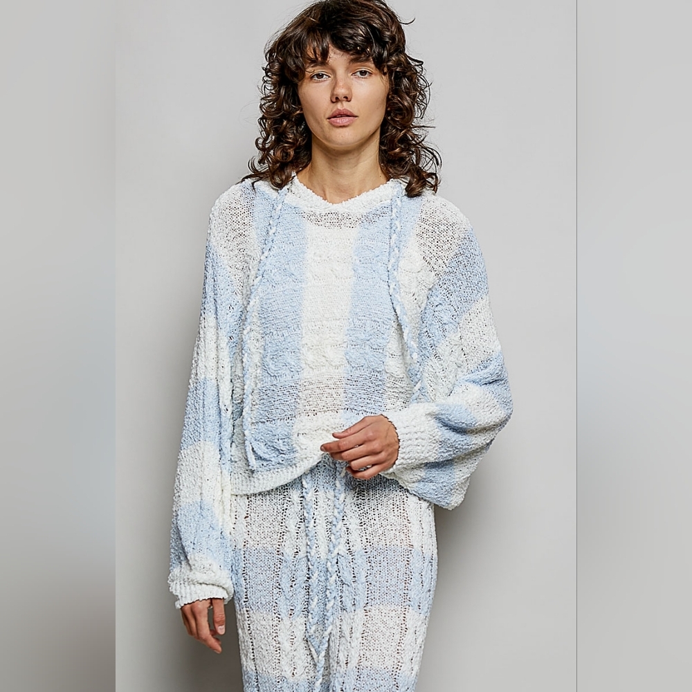 ​POL Blue & White Striped Cable Knit Oversized Sweater Hoodie
